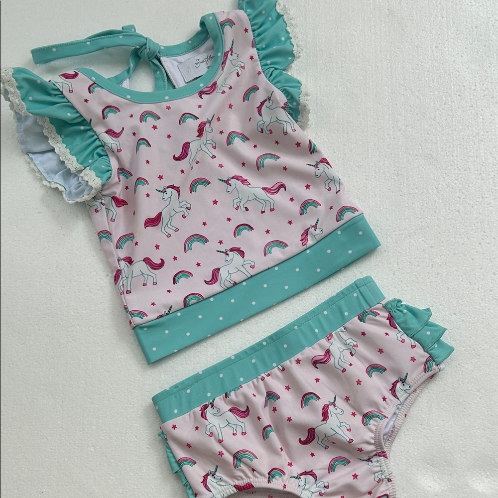 Sweet Honey toddler girl 2 piece swimsuit pink unicorn rainbows swim ruffle butt